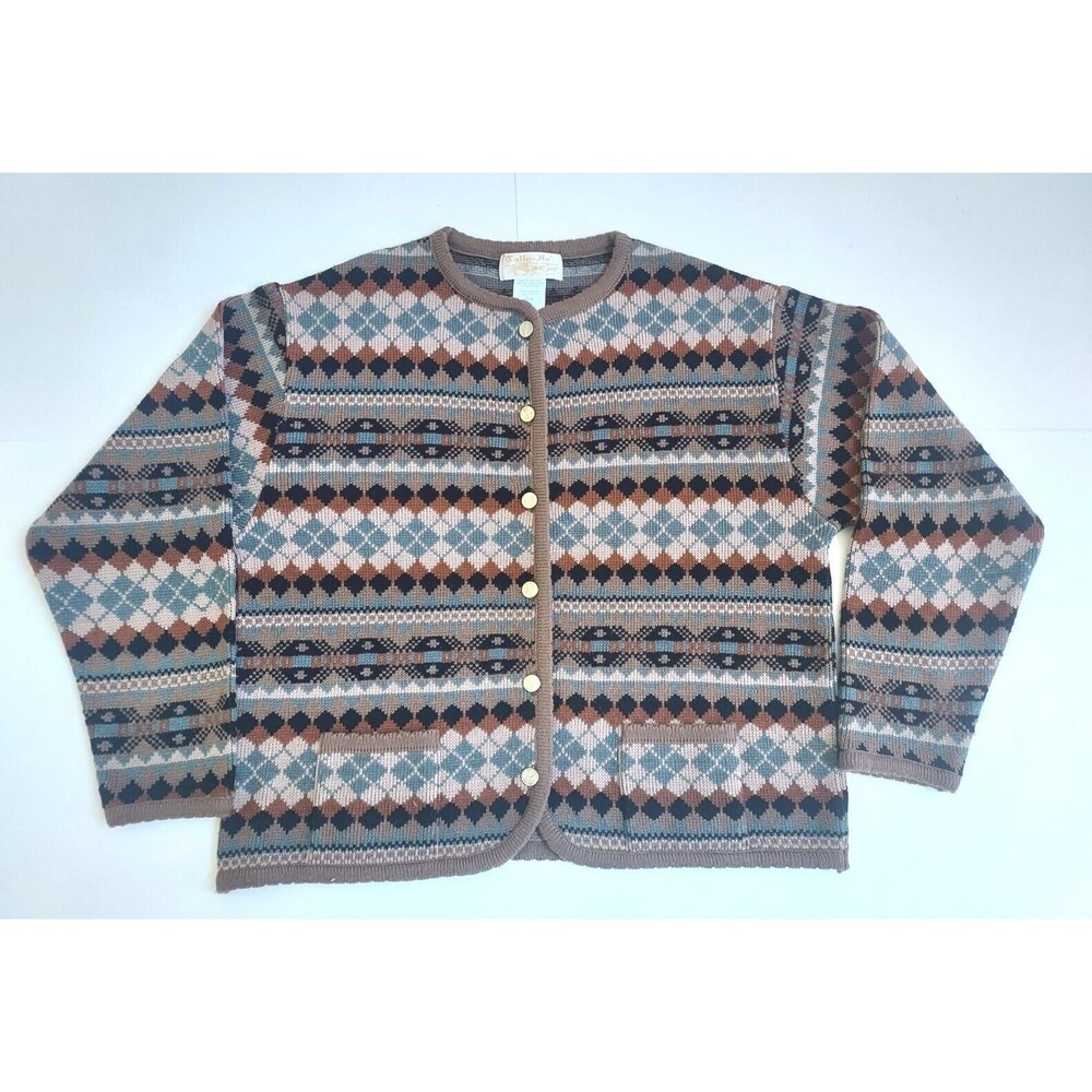 Ladies Tally-Ho Diamond Pattern Fall Colors Button Down Sweater W/Pockets Size L
